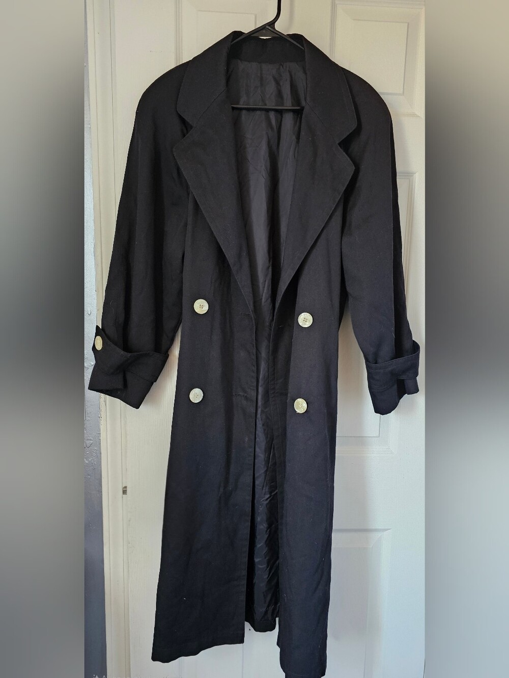 Vintage 80s London Fog Black Double Breasted Maxi Trench Coat Belted Made in USA